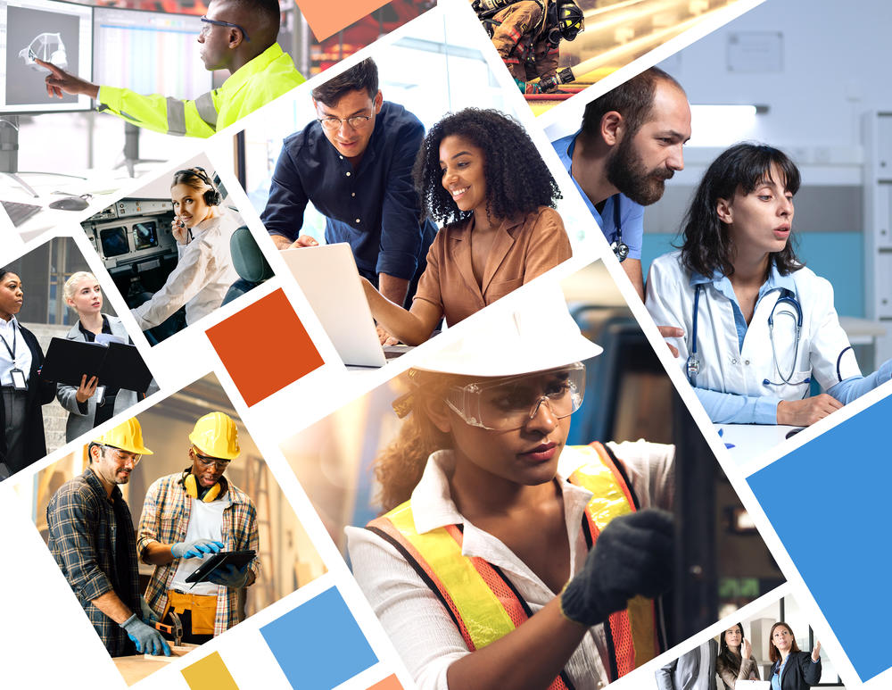 A collage of people working in various industries